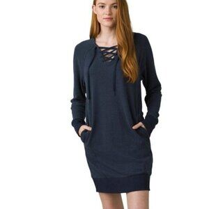 NEW prAna Cozy Up Terry Dress XS Blue Organic Hemp Pockets Sustainable Cozy Comf